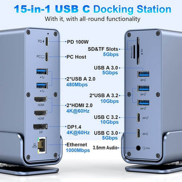 15 in 1 USB-C Docking Station 4K HD Vertical Hub with Triple Monitor 4K Display Dual HDMI + DP 5xUSB 3.0/2.0 PD 3.0